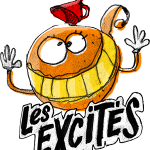 Logo de la Compagnie Les Excités représentant un personnage un peu foou faire sur une base d'orange. 